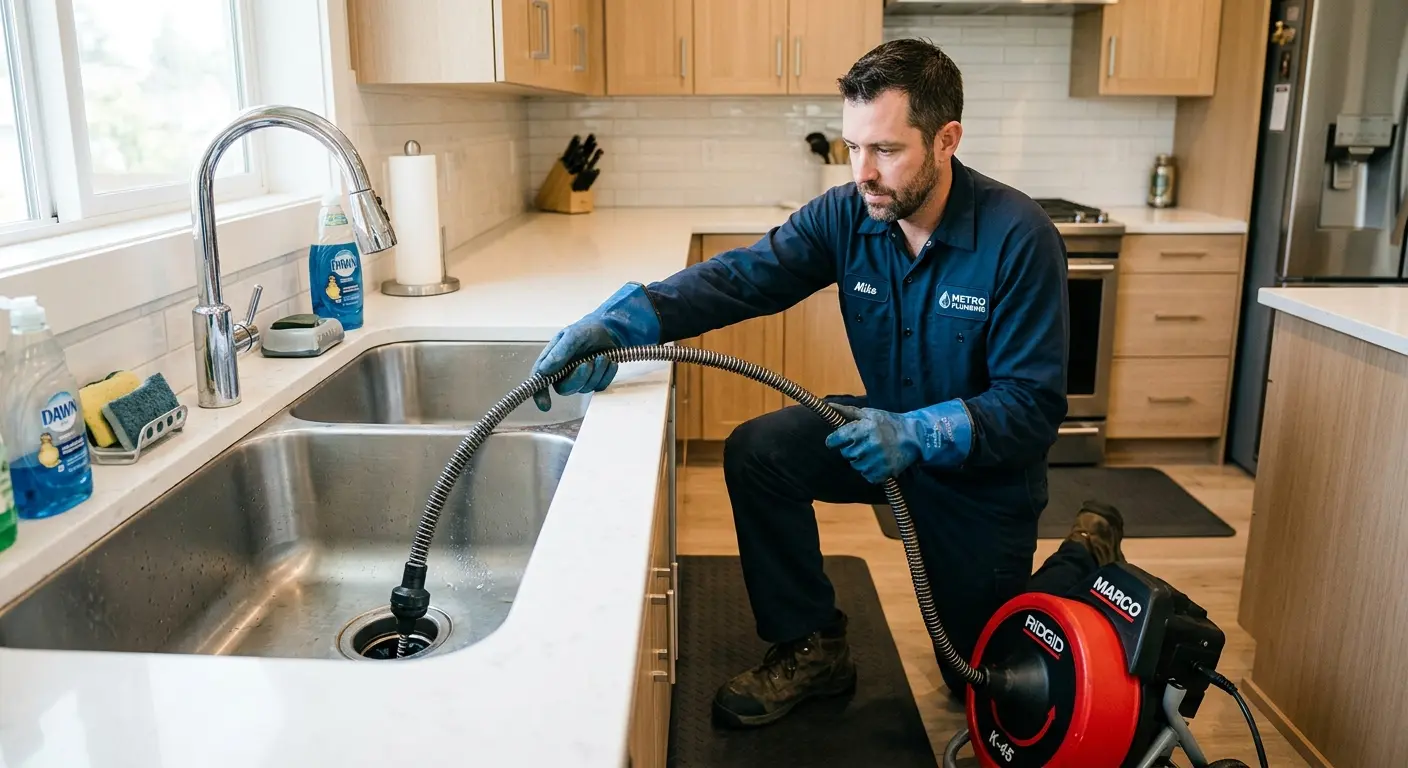 Drain cleaning technician using a motorized snake on a kitchen sink in Buffalo Grove