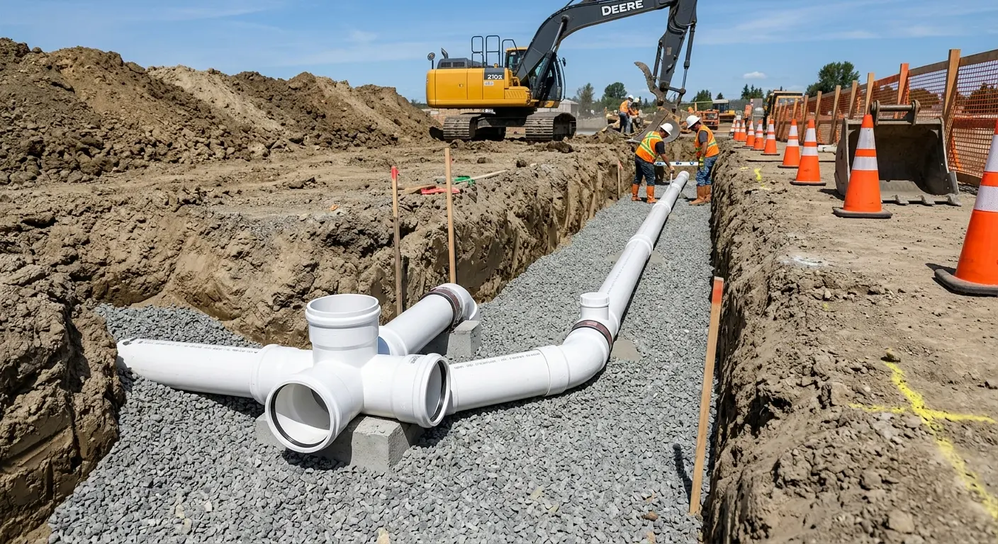 New PVC sewer pipe installation in open trench for Sewer Backup in Buffalo Grove