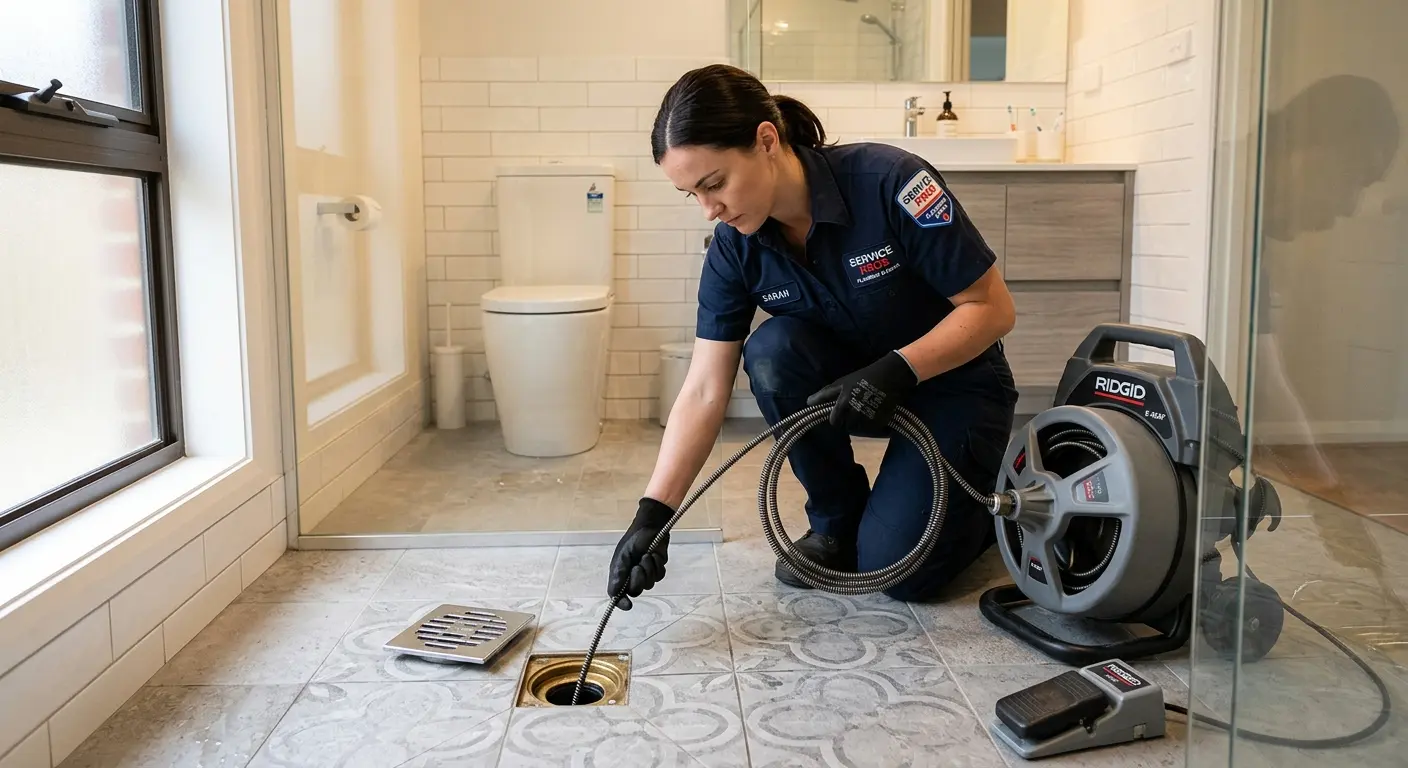 Technician clearing a bathroom floor drain for Drain Cleaning in Buffalo Grove